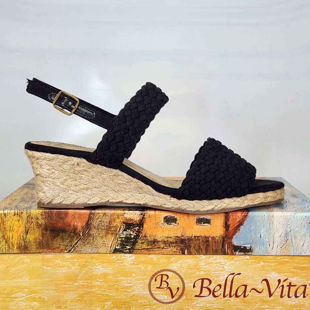 Bella Vita Mariella Sandal Women Size 8 Black Super Suede Woven Espadrille Wedge